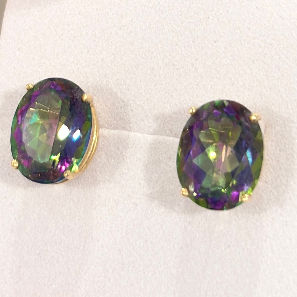 Mystic Topaz 14K Gold Stud Earrings: Clyde Duneier Vintage Solitaire - Picture 6 of 7